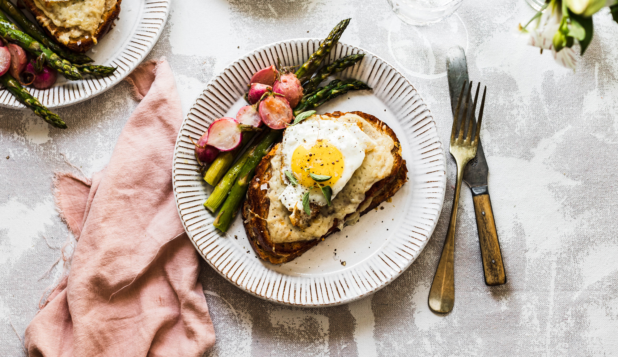 Croque Madame with Asparagus & Miso Butter Radishes